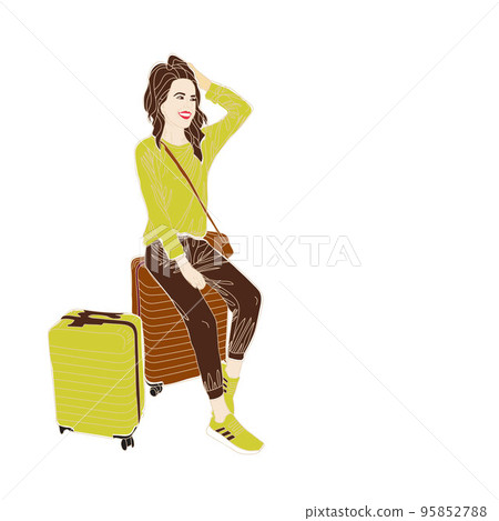 The girl sits on a suitcase and waits. Vector illustration in a flat style. The girl sits on a suitcase and waits. Vector illustration in a flat style. 95852788
