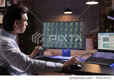Asian man analyzing stock market trade on computer, working with web 3.0 hypertext on laptop. Looking at real time global investment and capital money profit exchange, doing financial remote job. Asian man analyzing stock market trade on computer, working with web 3.0 hypertext on laptop. Looking at real time global investment and capital money profit exchange, doing financial remote job. 95853051