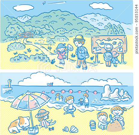 Children's summer vacation (mountain and sea landscape) 95853144