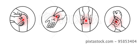 Pain in different human joints. Ache in knee and wrist. Pain in different part of human body. Health problems in muscle pain and joints problems. Pain in different human joints. Ache in knee and wrist. Pain in different part of human body. Health problems in muscle pain and joints problems. 95853404