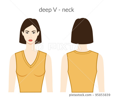 Deep V - neckline knits, sweaters clothes character beautiful lady in ochre shirt, dress technical fashion illustration 95853839