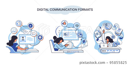 Digital communications formats. Chat messages smartphone, Sms on mobile phone screen, computer app Digital communications formats. Chat messages smartphone, Sms on mobile phone screen, computer app 95855825