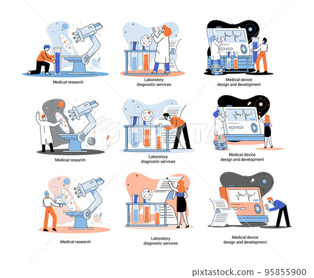 Medical research. Laboratory diagnostic services, medical device design and development scenes set metaphor Medical research. Laboratory diagnostic services, medical device design and development scenes set metaphor 95855900