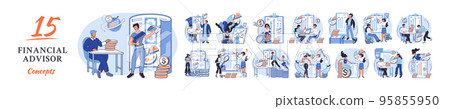 Financial advisor set of 15 concepts, professional in finance giving advice on investment money 95855950