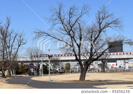 一輛筑波快車穿過公園附近的高架軌道 一輛筑波快車穿過公園附近的高架軌道 95856238