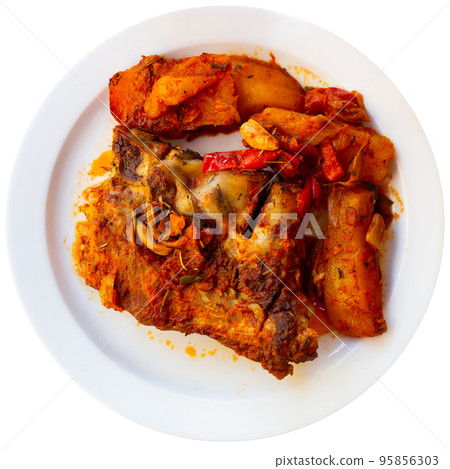 Stewed pork ribs with potato and vegetables 95856303