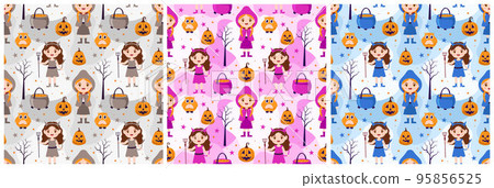 Set of Halloween Seamless Pattern Design With Witch, Haunted House, Pumpkins or Bats in Template Hand Drawn Cartoon Flat Illustration Set of Halloween Seamless Pattern Design With Witch, Haunted House, Pumpkins or Bats in Template Hand Drawn Cartoon Flat Illustration 95856525