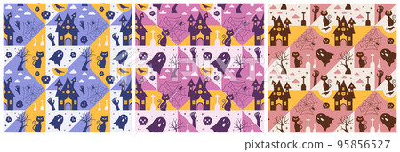 Set of Halloween Seamless Pattern Design With Witch, Haunted House, Pumpkins or Bats in Template Hand Drawn Cartoon Flat Illustration 95856527