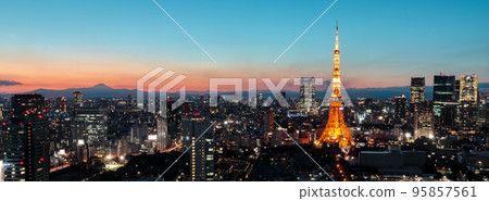 "Tokyo" city landscape at dusk and Tokyo Tower 95857561