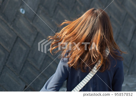 一個女人一邊搖著頭髮一邊走在外面的背影 一個女人一邊搖著頭髮一邊走在外面的背影 95857852