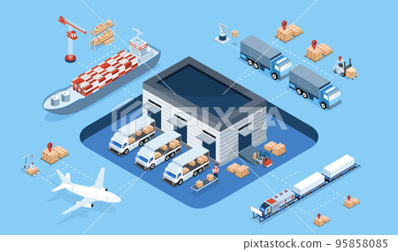 3D isometric Smart logistics concept with Warehouse Logistic, Workers loading products, transportation truck use wireless technoloty. Eps10 vector illustration 95858085