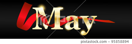 May written with golden color. May letter golden color with red ribbon on black background, may typography for banner, flyer, greeting card, calendar. isolated vector design 95858894