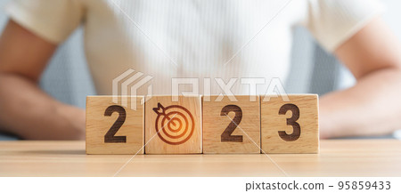2023 block with dartboard icon. Goal, Target, Resolution, strategy, plan, Action, mission, motivation, and New Year start concepts 2023 block with dartboard icon. Goal, Target, Resolution, strategy, plan, Action, mission, motivation, and New Year start concepts 95859433