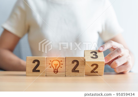2023 block with lightbulb. Business Idea, Creative, Thinking, brainstorm, Goal, Resolution, strategy, plan, Action, change and New Year start concepts 2023 block with lightbulb. Business Idea, Creative, Thinking, brainstorm, Goal, Resolution, strategy, plan, Action, change and New Year start concepts 95859434