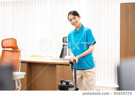 Cleaning staff (young woman, vacuum cleaner) 95859729