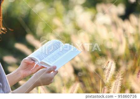 Christian woman resting while reading a bible in a peaceful reed forest on a sunny autumn day Christian woman resting while reading a bible in a peaceful reed forest on a sunny autumn day 95860716