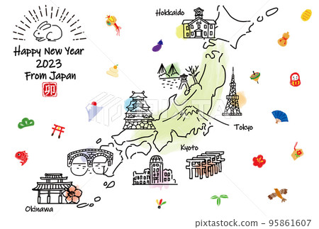 Japanese tourist destinations simple line drawing illustration map New Year's card 2023 Japanese tourist destinations simple line drawing illustration map New Year's card 2023 95861607