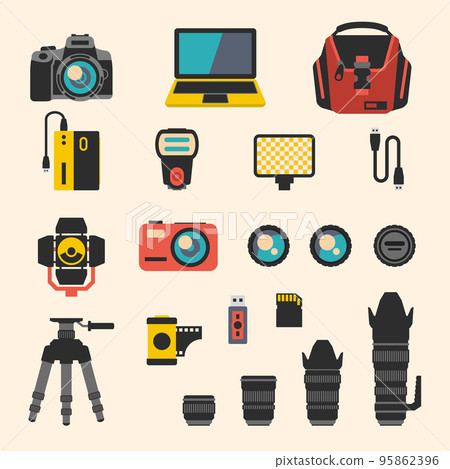 Photographer kit with camera elements. Vector flat icons set Photographer kit with camera elements. Vector flat icons set 95862396