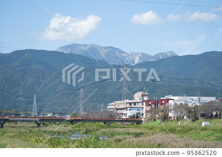 A view of the majestic Mt. Ibuki against the blue sky from Aikawa Mizube Park | Tarui Town, Fuwa District, Gifu Prefecture 95862520