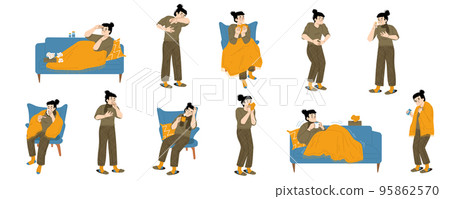 Sick woman, person with flu symptoms vector set Sick woman, person with flu symptoms vector set 95862570