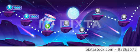 Space game level map with ufo on alien planet 95862573
