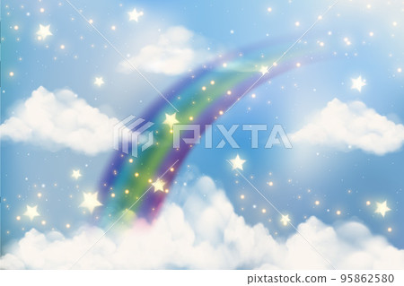 Rainbow and clouds on gradient background. Fantasy sky with stars. Unicorn abstract backdrop. Cute watercolor vector illustration. Rainbow and clouds on gradient background. Fantasy sky with stars. Unicorn abstract backdrop. Cute watercolor vector illustration. 95862580