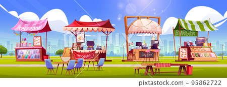 Street food market stalls standing in public park Street food market stalls standing in public park 95862722