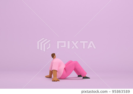 The black man with pink clothes.   He is sit down.  3d illustrator of cartoon character in acting. 95863589