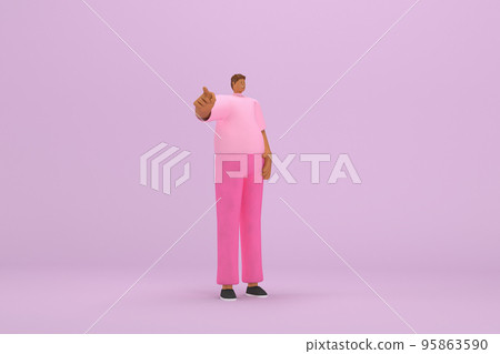 The black man with pink clothes.  He is expression  of body and hand when talking. 3d illustrator of cartoon character in acting. 95863590