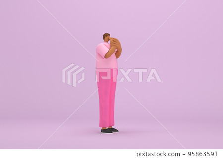 The black man with pink clothes.  He is expression  of body and hand when talking. 3d illustrator of cartoon character in acting. 95863591