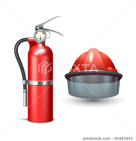 Firefighter Helmet And Extinguisher 95863943