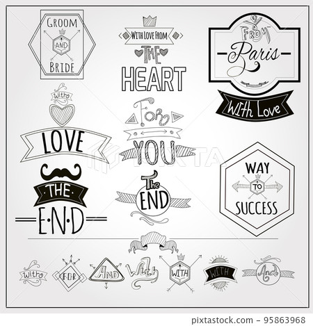 Retro doodle catchwords emblems whiteboard collection 95863968