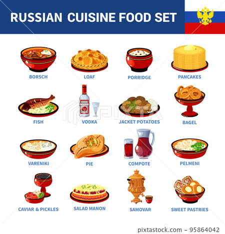 Russian Cuisine Dishes Flat icons Collection 95864042