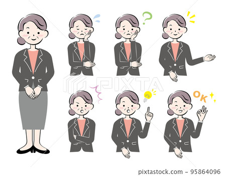 一位身著西裝的高級女性的面部表情姿勢集 95864096