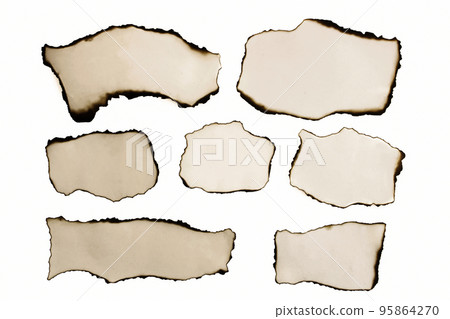 Collection of burnt papers isolated on white background. Banner. Copy space Collection of burnt papers isolated on white background. Banner. Copy space 95864270