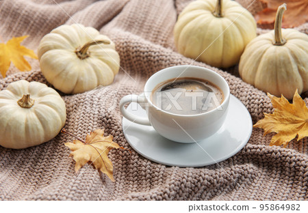 White pumpkins, coffee and autumn leaves 95864982