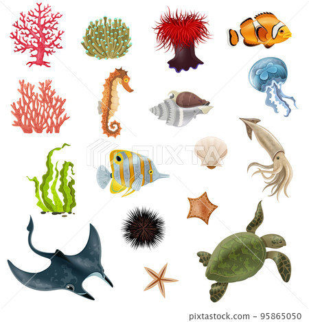 Sea Life Cartoon Icons Set 95865050