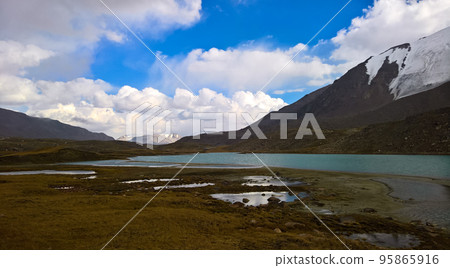 Panoramic view to lakes at Barskoon pass, river and gorge and Sarymoynak pass, Jeti-Oguz, Kyrgyzstan 95865916