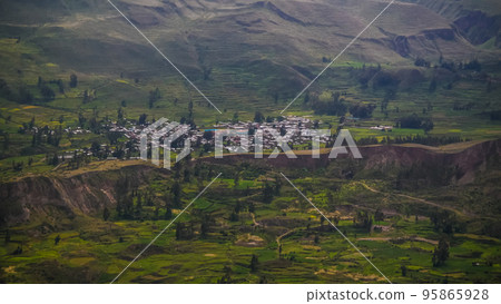 Aerial panoramic view to Colca canyon and Madrigal city from the Madrigal viewpoint, Chivay, Arequipa, Peru Aerial panoramic view to Colca canyon and Madrigal city from the Madrigal viewpoint, Chivay, Arequipa, Peru 95865928
