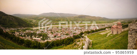 Panoramic aerial view to Berat old town and Osum river and Holy Trinity Church from Berat Castle , Albania 95865959