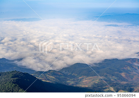 Beautiful landscape view of northern mountain ranges of Thailand seen from the top of Kew Mae Pan Nature Trail Beautiful landscape view of northern mountain ranges of Thailand seen from the top of Kew Mae Pan Nature Trail 95866094