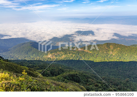 Beautiful landscape view of northern mountain ranges of Thailand seen from the top of Kew Mae Pan Nature Trail Beautiful landscape view of northern mountain ranges of Thailand seen from the top of Kew Mae Pan Nature Trail 95866100