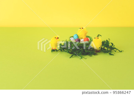 Decorative Easter chickens with eggs. Copy space Decorative Easter chickens with eggs. Copy space 95866247