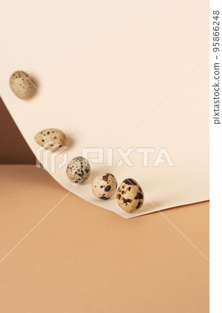 Creative layout with quail eggs on paper pastel background. Creative layout with quail eggs on paper pastel background. 95866248