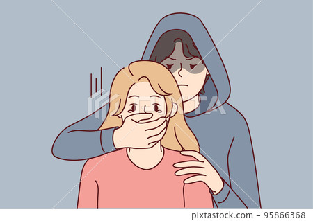 Man in hood close terrified woman mouth Man in hood close terrified woman mouth 95866368