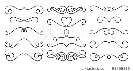 Divider border calligraphy decor set. Frame linear victorian flourishes. Vintage vignette scrolls, swirl black line pattern. Festive hand drawn retro typographic design element for card, menu, diploma 95866816