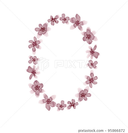 Hand painted watercolor oval frame with spring pink flowers. Meadow small flowers with space for your text. Ideal for greeting cards, wedding invitations and summer floral designs 95866872