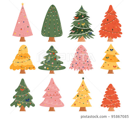 Collection of Christmas trees with decorations. Christmas and New Year celebration concept. Good for greeting card, invitation, banner, web design. Collection of Christmas trees with decorations. Christmas and New Year celebration concept. Good for greeting card, invitation, banner, web design. 95867085