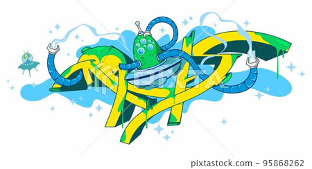 Trendy Abstract Word Mals Graffiti Style Font Lettering With Alien Piloting A Flying Saucer Spaceship Vector Illustration Trendy Abstract Word Mals Graffiti Style Font Lettering With Alien Piloting A Flying Saucer Spaceship Vector Illustration 95868262