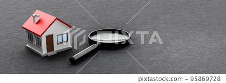 House and Magnifier Glass on Dark Background House and Magnifier Glass on Dark Background 95869728